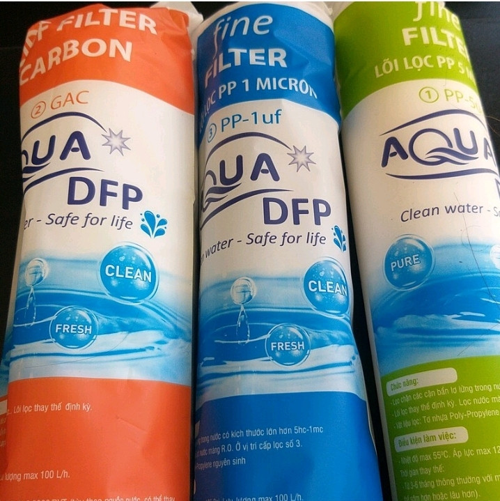 مجمعه ۳ عددی فیلتر های دستگاه تصفیه آب خانگی برند AQUA DFP ساخت ویتنام ، اصل .